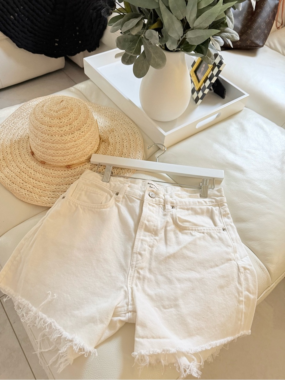Reformation High-Waist Frayed Hem White Denim Shorts